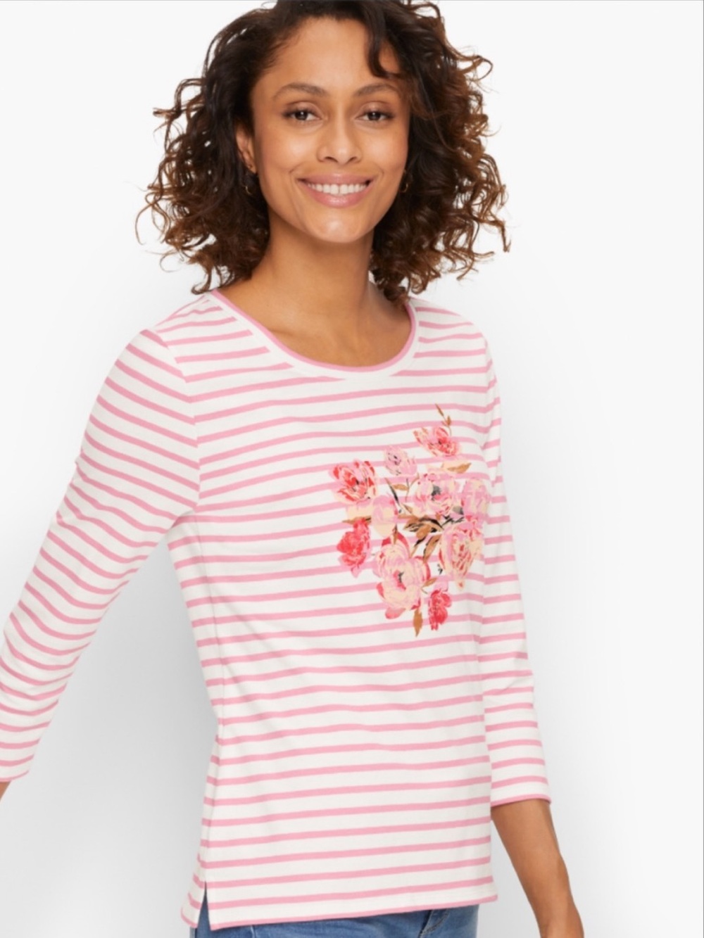 Talbots Pink and White Striped Long-Sleeve Tee with Floral Appliqué
